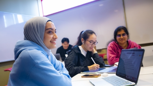 Students study at laptops around a table